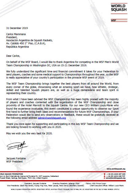 CARTA DE AGRADECIMIENTO DE LA WORLD SQUASH FEDERATION